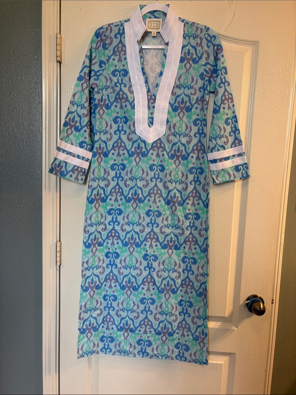 Sail to Sable | Blue & Green 100% Cotton Long Sleeve Caftan - Picture 6 of 16